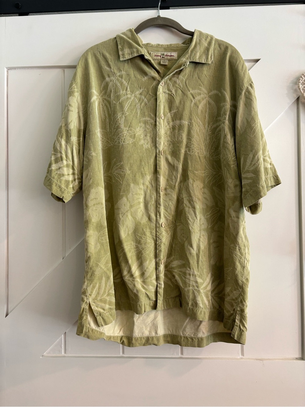 Tommy Bahama Silk Hawaiian Camp Shirt Green Palm Floral M T31355 Vintage